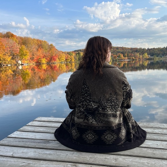 Vintage Sherpa Horse Scenic Green Black and Gray Jacket Chore Coat Cabin jacket - Picture 2 of 4